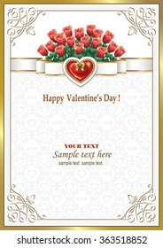 Romantic card with hearts in a frame with an ornament and colors of roses for Valentine's Day