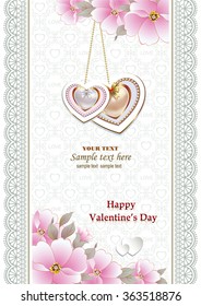 Romantic card with hearts in a frame with an ornament and flowers for Valentine's Day