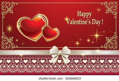 Romantic card with hearts in a frame with an ornament on a red background for Valentine's Day