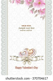 Romantic card with hearts in a frame with an ornament and flowers for Valentine's Day