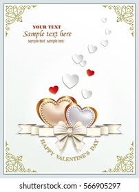 Romantic card with hearts in a frame with an ornament for Valentine's Day