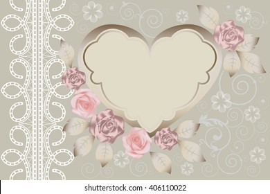 Romantic card with hearts, roses and vintage lace. Vector illustration.