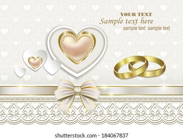 romantic card with hearts and wedding rings