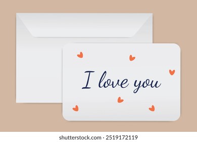 Romantic card with I love you message and small heart illustrations on a simple white background with envelope