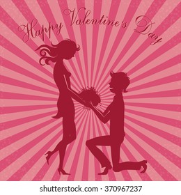 Romantic card. In love with a young man gives flowers to the girl.