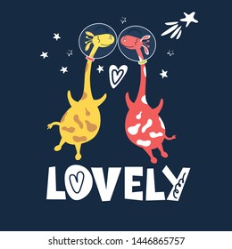 Romantic card for lovers. Cartoon characters of African animals