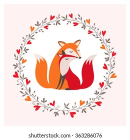 Romantic card with loving couple of foxes.