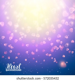 Romantic card on a soft blurry background. Valentine's Day Blur and Glow Falling Hearts. Vector Illustration. Design Element.