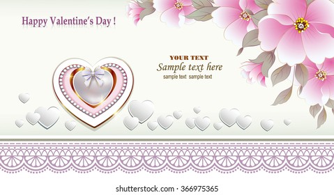 Romantic card with ornaments and flowers on Valentine's Day