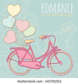 Romantic card with a pink bicycle and colorful balloons on the floral lace background