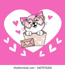 Romantic card with a pink cat in a box for Valentine's Day on a pink background. Vector illustration with funny animal in kawaii style