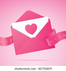 Romantic card. Pink envelope with heart icon and ribbon. Vector illustration