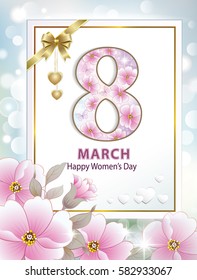 Romantic card with pink flowers on March 8, International Women's Day. Vector illustration