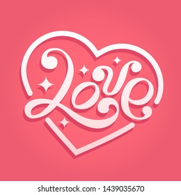 Romantic card with pink, neon, lamp style glowing heart and hand made font.