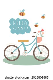 Carteles románticos de carteles para el arte en la pared infantil. Bicicleta con flores y texto Hola verano. Ilustración vectorial.