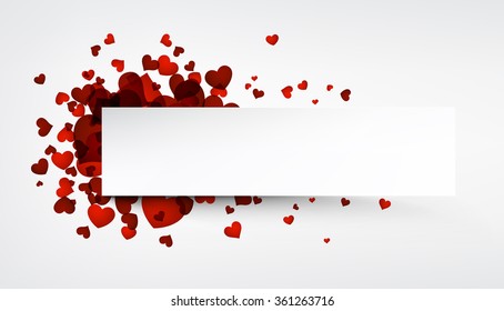 Tarjeta romántica con corazones rojos. Ilustración de papel vector.