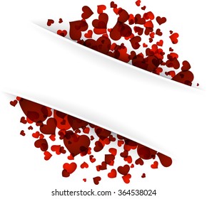 Tarjeta romántica con corazones rojos. Ilustración de papel vector.