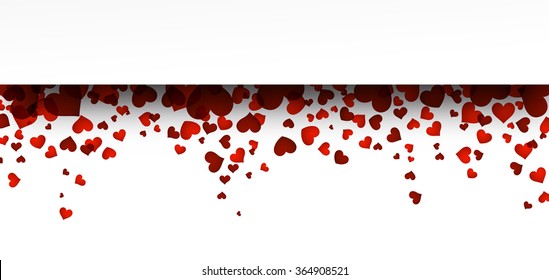 Tarjeta romántica con corazones rojos. Ilustración de papel vector.