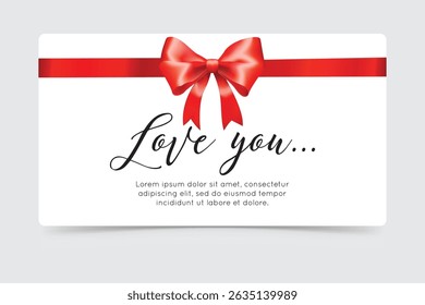 Romantic card with red ribbon and message Love You for Valentine's Day or anniversary.