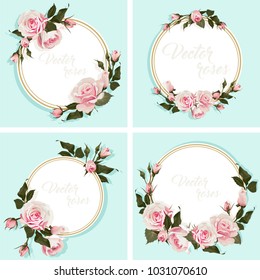 Romantic Card with roses Invitation with flowered round frame Set of 4 illustrations