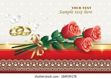romantic card with roses and wedding rings