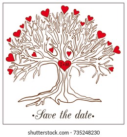 Romantic card Save the date. Graphic tree with hearts.
