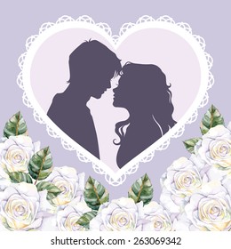 Romantic card with silhouettes of lovers. Decorated with hand painted, watercolor white roses. Vector illustration