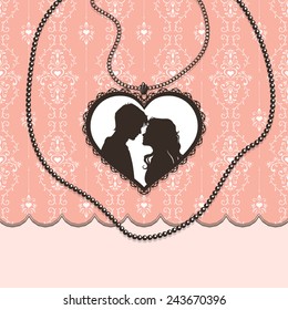 Romantic card with silhouettes of loving couples in the vintage pendant, on a lace background. Vector illustration