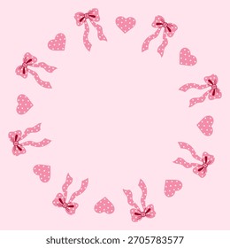 Romantic Card Template with Bow and Heart. Valentines Day Greeting Card and Wedding Invitation with Polka Dot curly Ribbon and pink Love symbol. Vector illustration