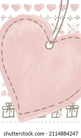 Romantic card template with copy space. Vector background with hand-drawn doodle pattern and big heart shaped tag