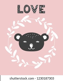 Romantic card template. Valentine's Day greeting card. Cute illustration of bear in love