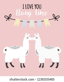 Romantic card template. Valentine's Day greeting card. Cute illustration of two llamas and hand lettering