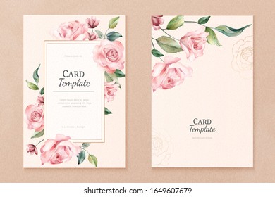 Romantic card template with watercolor roses frame
