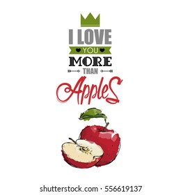 Romantic card with text and apple. Vector illustration. Sketch style.