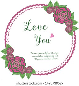 Romantic card for text love you, with style of modern rose wreath frame. Vector