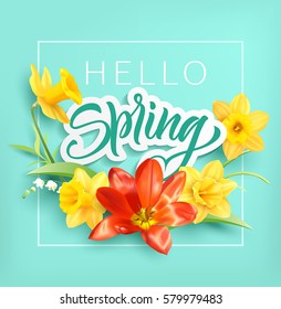 Romantic card with tulips, daffodils and spring greeting. Vector illustration.