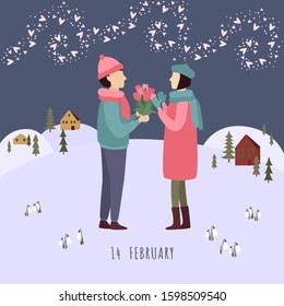 Romantic card for Valentine's day. Congratulations concept for February 14. Couple in love, love story.