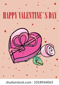 romantic card for Valentine's Day with a gift, a rose and a heart and the inscription "Happy Valentine's Day." hand drawing
