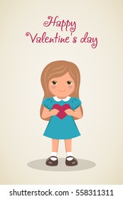 Romantic card for Valentines Day. Loving girl in smart dress turquoise dress with long hair, smiling girl with heart in his hands on light background, vector illustration