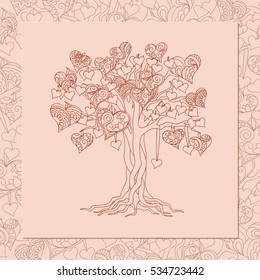 Romantic card for Valentine`s Day, save the date, invitation, wedding  with hand drawn ornamental hearts on the tree. eps 10.