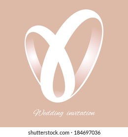 Romantic card with white heart made of ribbons or rings on the peach background. Designed for wedding invitation. 