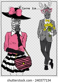 Romantic card with zebra male and zebra female couple, love, Valentine Day, date