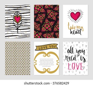 Romantic cards collection. Vector posters set of love theme.