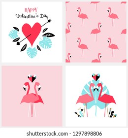 Romantic cards with flamingo. Set of vector illustration