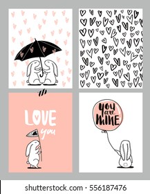 Romantic cards set. Four Valentine's day cards with cute Rabbit and hearts. Vector Illustration