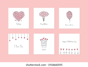 Romantic cards. Set of funny cards decorated with doodle red hearts isolated on a white background. Vector 10 EPS.