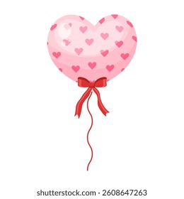 Romantic cartoon air balloon heart shaped on string, vector icon. Pink girly inflatable helium baloon with bow ribbon. Decoration element for party, birthday, wedding, valentine's day holiday