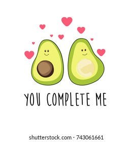 Romantic cartoon avocado characters with hearts and love message, vector illustration