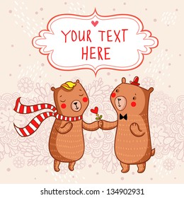Romantic cartoon background with funny bears in love.