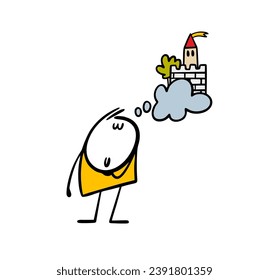 Romantic cartoon boy closed his eyes and dreams of castles in air. Vector illustration of stickman, knight castle, flag and clouds in the sky. Isolated doodle caricature character on white background.